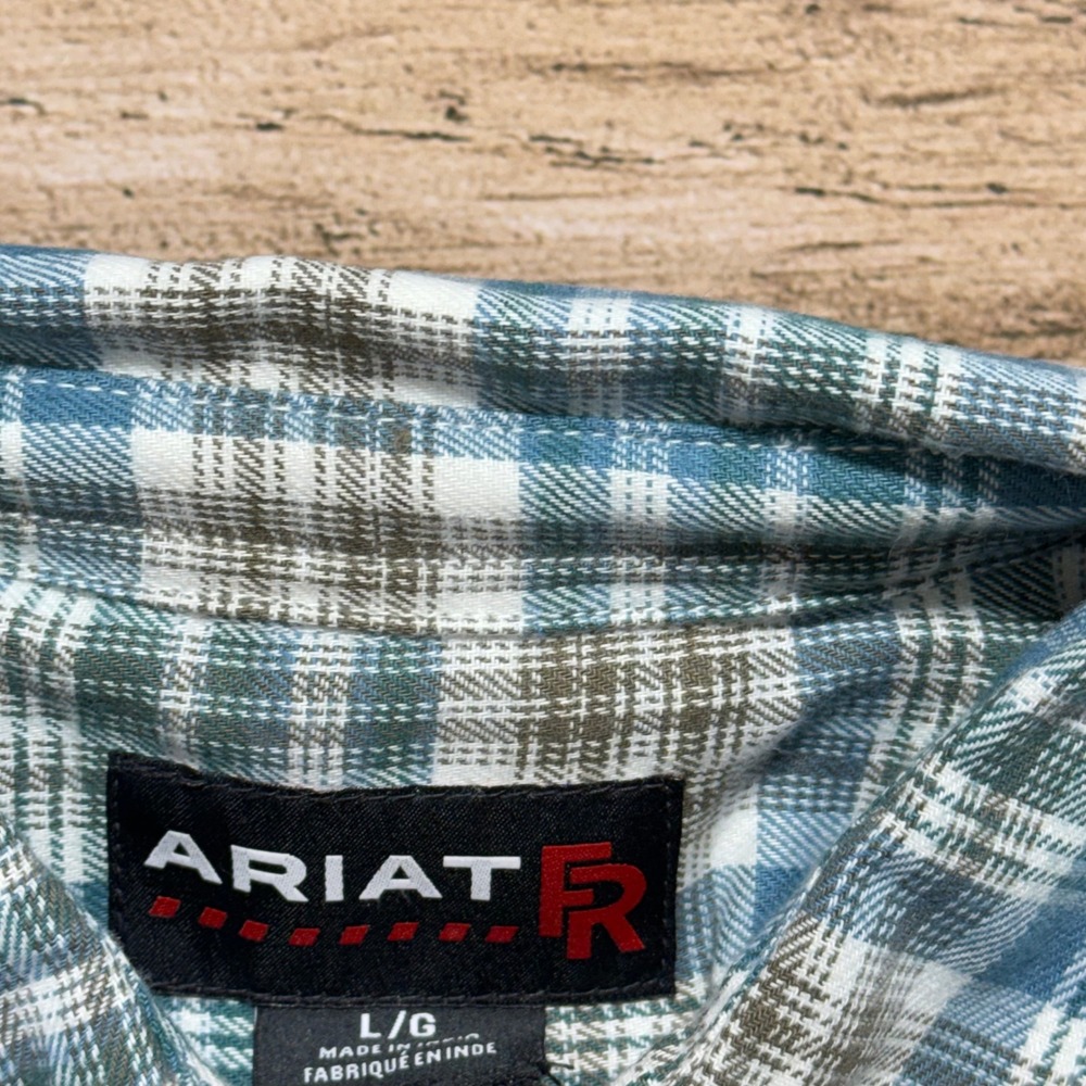 Ariat FR Cobb Work Shirt Mens Large Blue Green Plaid Flame Resistant Snap NEW - Picture 6 of 9